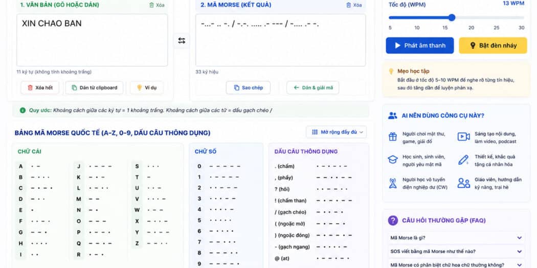 Dịch Mã Morse Online - Giải Mã Tức Thì, Phát Âm Thanh Chuẩn Quốc Tế